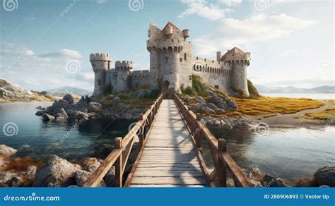 Medieval Castle On The Island And A Bridge Leading Generative Ai