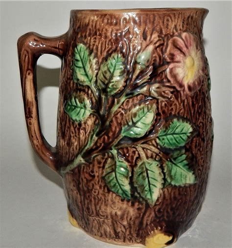 Antique Majolica Pottery Wild Pink Rose On Brown Tree Bark Pitcher Jug