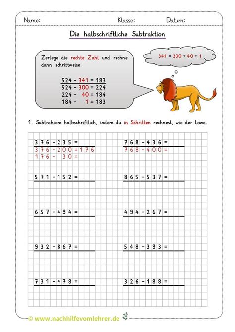 Kostenlos Halbschriftliche Subtraktion Klasse Arbeitsblatt