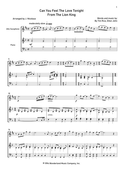 Can You Feel The Love Tonight Arr John Nicolaus By Elton John Sheet Music For Alto Sax And