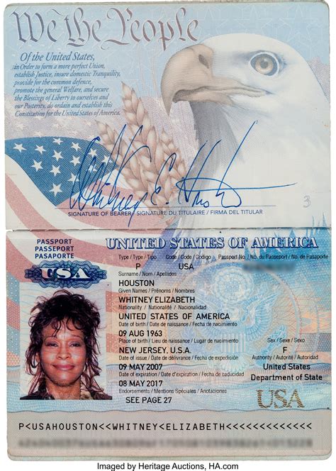 Whitney Houston Signed Us Passport 2007 Music Memorabilia Lot