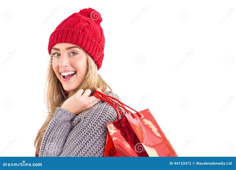 Festive Blonde Holding Shopping Bags Stock Photo Image Of Shoulders