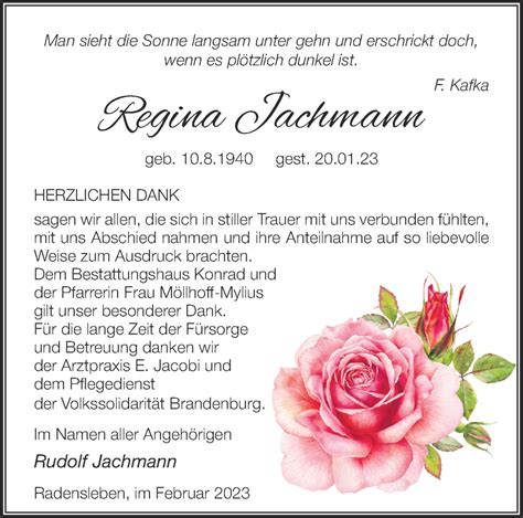 Traueranzeigen Von Regina Jachmann M Rkische Onlinezeitung Trauerportal