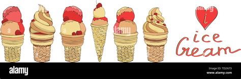 Set Of Vector Hand Drawn Ice Creams In Waffle Cones Isolated On White