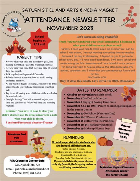 Attendance Newsletter November Saturn Street Elementary School