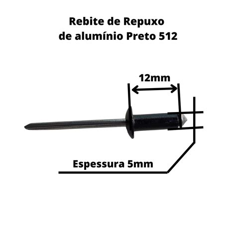 Rebite pop de repuxo de alumínio preto 512 5mm x 12mm 100 Peças