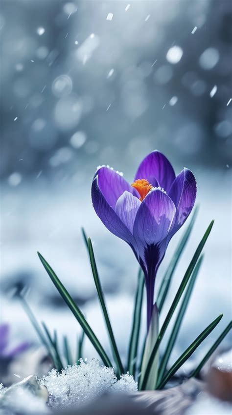 Spring Flowers Breaking Through Snow Crocus In Snow Early Bloomers In