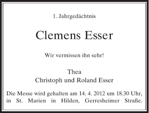 Alle Traueranzeigen für Clemens Esser trauer rp online de