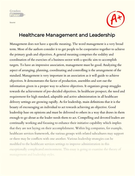 Healthcare Management And Leadership [essay Example] 1884 Words