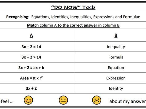 Matching Task Equations Identities Inequalities Expressions