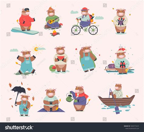 Set Funny Bulls Flat Vector Illustration Stock Vector Royalty Free