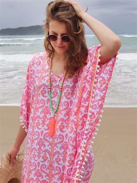 Pink Beach Kaftan Short Ikat Print Caftan Dress With Pom Etsy