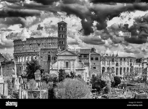 Coliseum And Roman Forum Monuments In Black And White Engraving Or