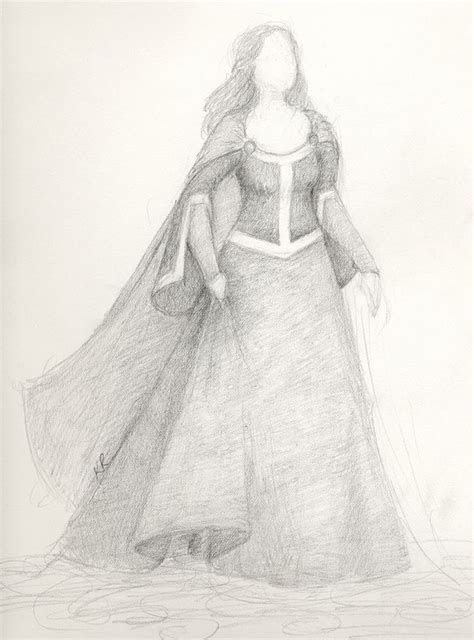 A Drawing Of A Woman In A Dress With A Cape On Her Head And Long Hair