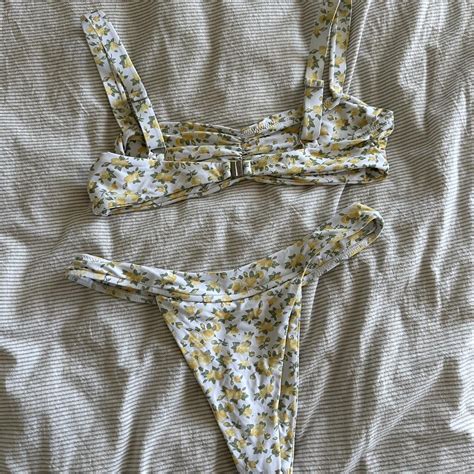 Subtitled White And Yellow Floral Bikini Worn Once Depop