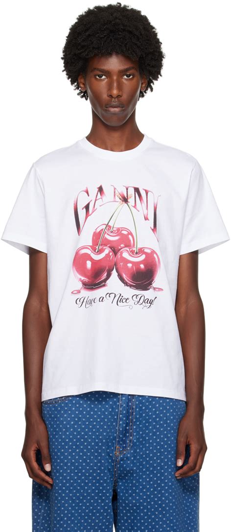 White Cherry Relaxed T Shirt By GANNI On Sale