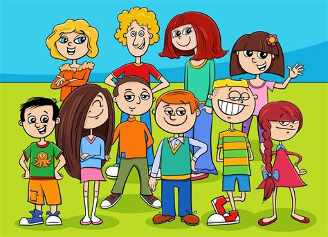 contento dibujos animados niños y adolescentes caracteres grupo