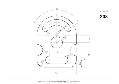 2d Cad Exercises 208 Studycadcam Autocad Drawing Model Drawing