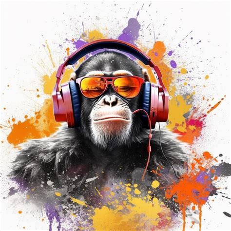 Premium AI Image Illustration Monkey Headphones Paint On Colorful