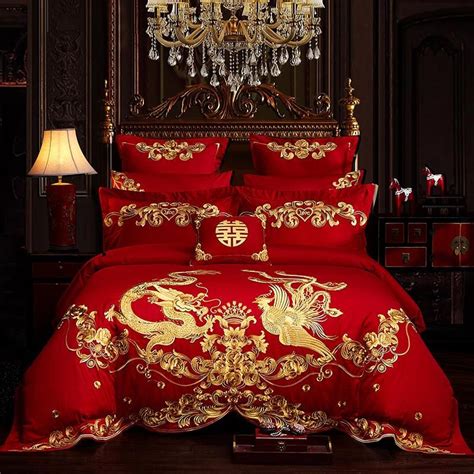 Luxury Red Dragon Gold Phoenix Rose Embroidered Wedding Duvet Cover Set