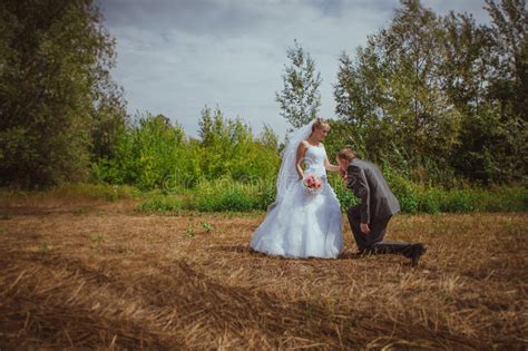 Novia Hermosa Y Novio Que Se Colocan En Hierba Y Besarse Lanzamiento De