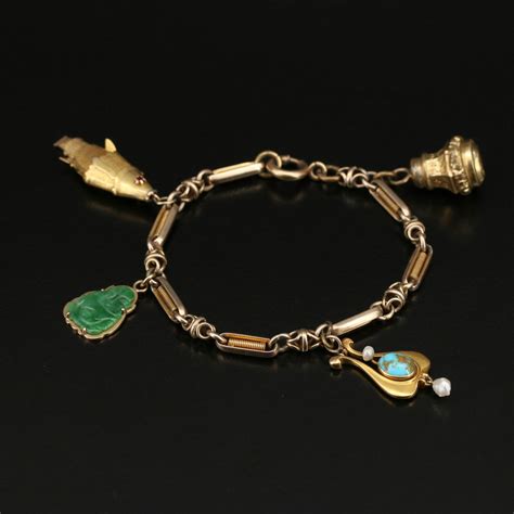 Vintage 14k Charm Bracelet With Articulated Fish Fob And Jadeite