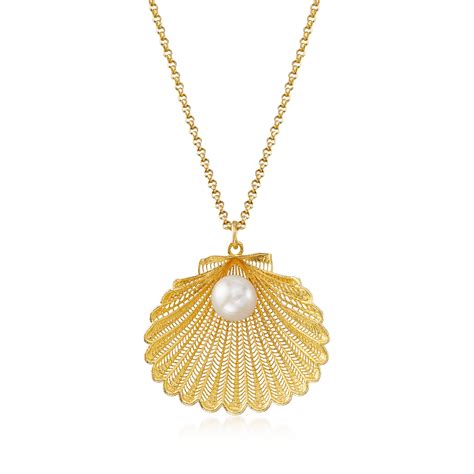 Ross Simons Italian Cultured Pearl Seashell Pendant Necklace In 18kt