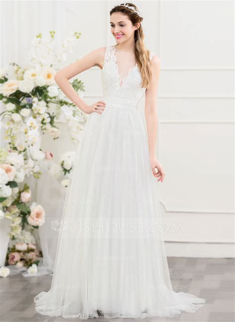 A Line Princess Scoop Neck Sweep Train Tulle Wedding Dress 002107550