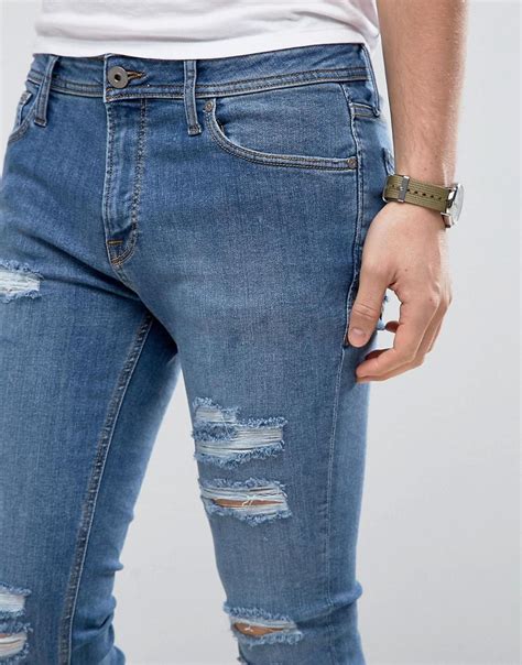 Lyst - Jack & Jones Intelligence Jeans In Skinny Fit Ripped Denim in Blue for Men