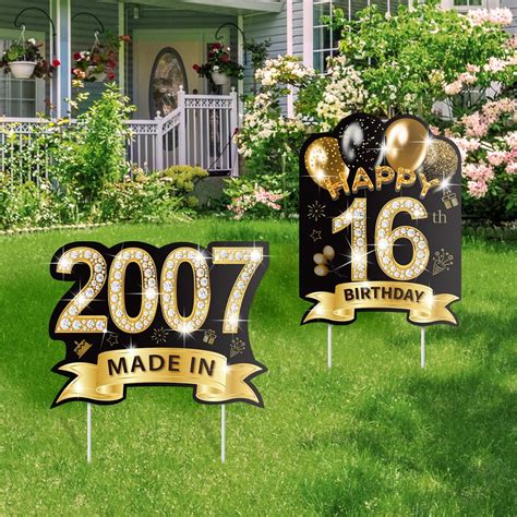 2pcs 18th Birthday Yard Sign Decorations With Stakes Large Size 16 Black Gold