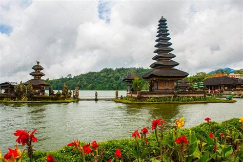 Pura Ulun Danu Batur Temple In Lake With Flowers Bali Indonesia Free