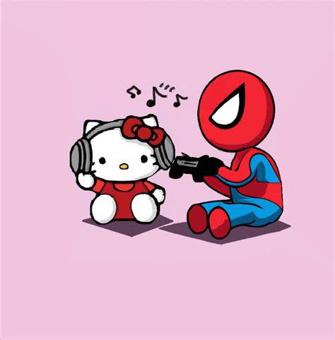 Hello Kitty And Spiderman Are Sitting Next To Each Other With Music