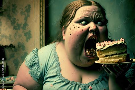 Young Fat Woman Eating A Cake Image Created With Generative Ai Technology Stock Illustration