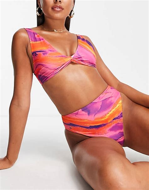 Asos Design Mix And Match High Leg High Waist Bikini Bottoms In Sunset Marble Print Asos