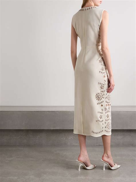 Cream Crystal Embellished Broderie Anglaise Wool Blend Crepe Midi Dress