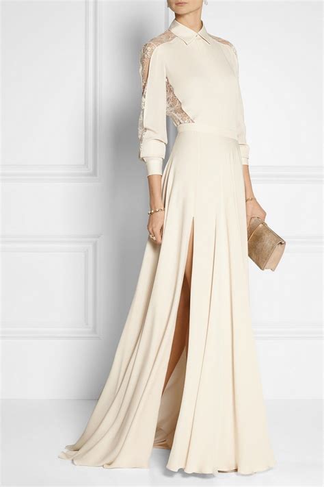 Elie Saab Silk Crepe De Chine Maxi Skirt Lace Paneled Silk Crepe De