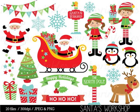 Christmas Clipart Santa Claus Clip Art Elf Elves Sleigh - Etsy