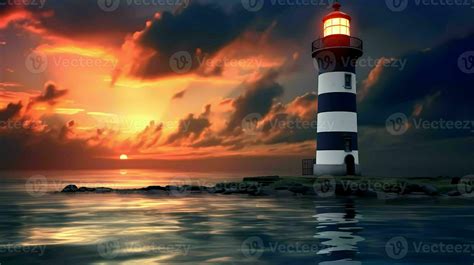 Lighthouse In Moody Sky Sunset With Beautiful Nightly Seascape