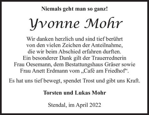 Traueranzeigen Von Yvonne Mohr Abschied Nehmen De