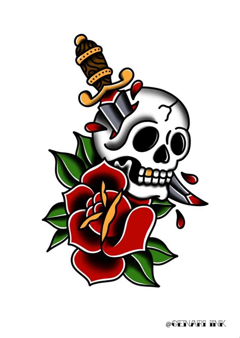 Oldschool Skull Rose Dager Genariink Desenho Tradicional De