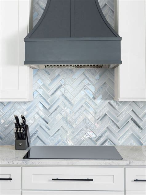 Blue Glass Large Herringbone Mosaic Backsplash Tile