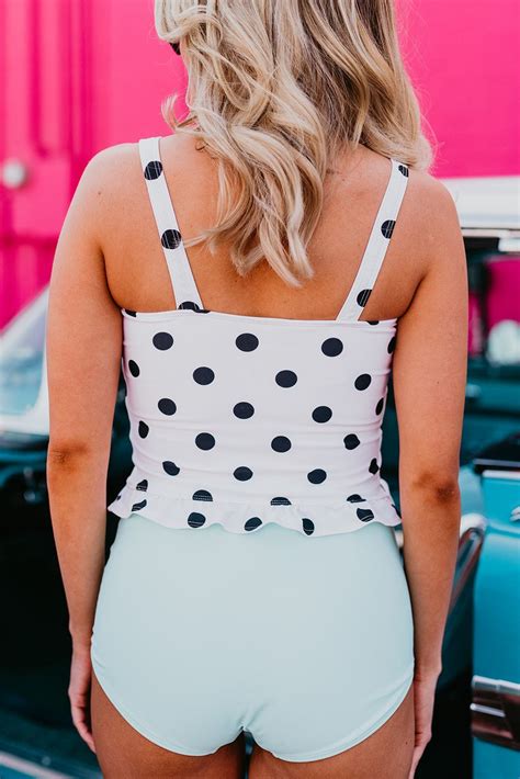 Polka Dot Mini Ruffle Crop Peplum Tankini Top With Aqua Bottom