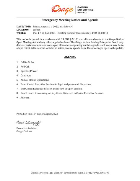 Gaming Enterprise Board Emergency Meeting Notice And Agenda Osage Nation