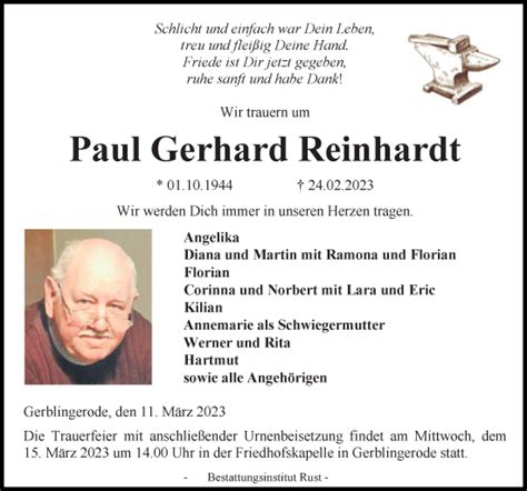 Traueranzeigen Von Paul Gerhard Reinhardt Trauer Anzeigen De