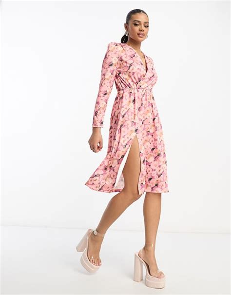 Rebellious Fashion Wrap Front Midi Dress In Pink Print Asos