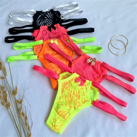 Kit 5 Calcinhas Lingerie Em Tiras Duplas Em Renda Neon Colorida Sexy