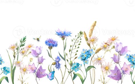 Seamless Border With Herbs And Wild Flowers Leaves Butterflies