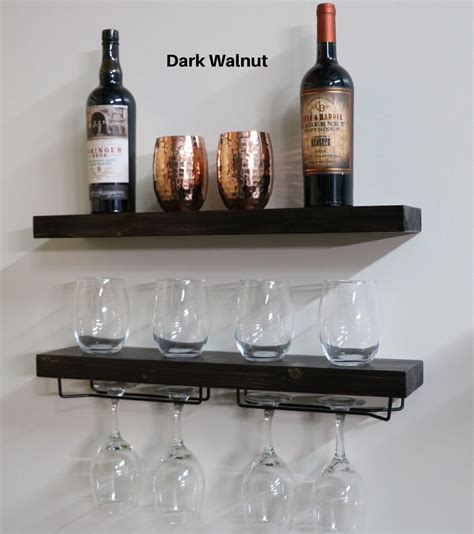 Modern Rustic Floating Wine Rack Shelf Set Wall Mounted Wood Wine Glass Rack Floating Bar