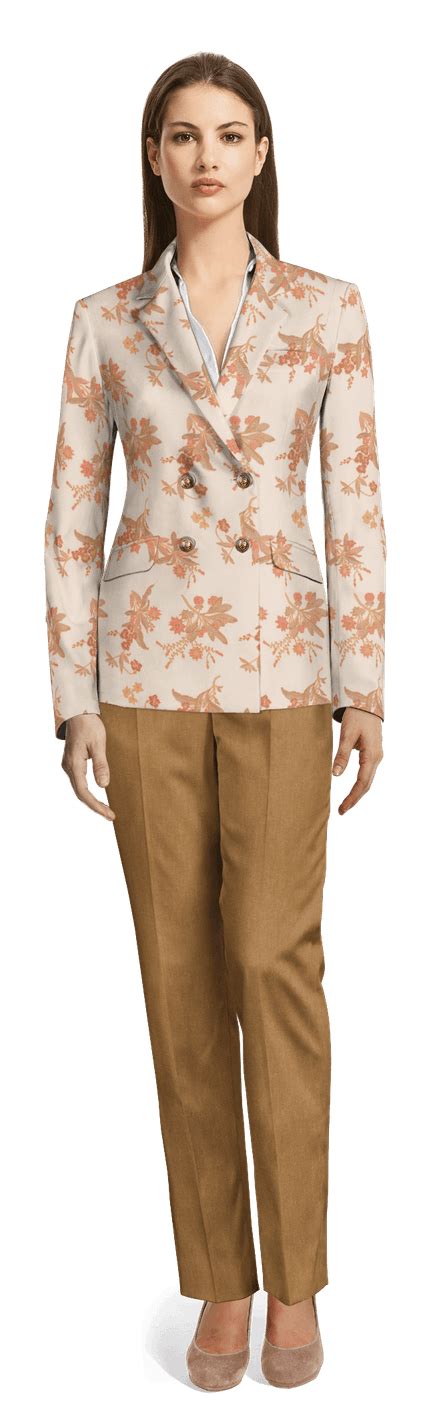 Light Orange And Camel Double Breasted Floral Suit Set Sumissura