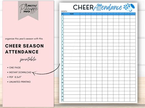 Printable Cheer Season Attendance Sheet Instant Download Template Cheerleader Roster Practice